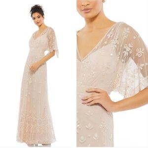 Mac Duggal V NECK FLUTTER SLEEVE EMBELLISHED MESH GOWN size 8